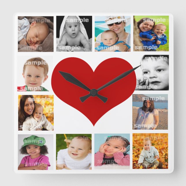 12 Photo Collage heart Unique Custom Personalised Square Wall Clock (Front)