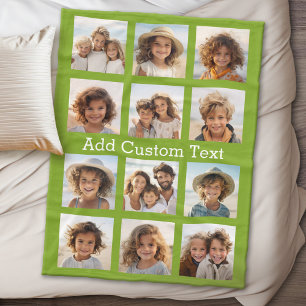 12 Photo Collage Lime Green with Modern Font Fleece Blanket