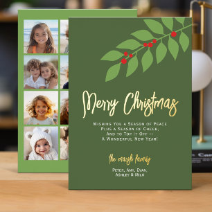 12 Photo Collage - Merry Script - Botanical Foil Holiday Card
