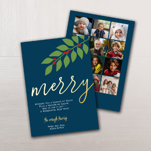 12 Photo Collage - Merry Script - Navy Botanical Foil Holiday Card