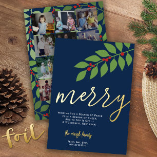 12 Photo Collage - Merry Script - Navy Botanical Foil Holiday Card
