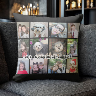 12 Photo Collage - Modern Grid Black White Text Cushion