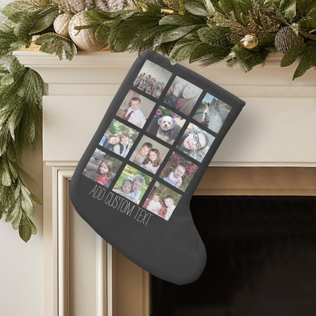 12 Photo Collage - Modern Grid Black White Text Small Christmas Stocking (Personalized Christmas Stocking)