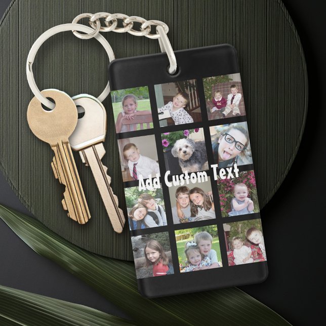 12 Photo Collage - Modern Minimal Black Background Key Ring (Personalized Keychain with a photo collage)