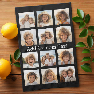 12 Photo Collage - Modern Minimal Black Background Tea Towel