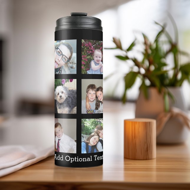12 Photo Collage - Modern Minimal Black Background Thermal Tumbler (Personalized bottle with photos and text)