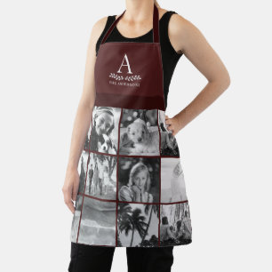 12 Photo Collage Monogram Burgundy Apron