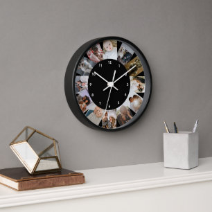 12 Photo Collage Personalised Black White Clock
