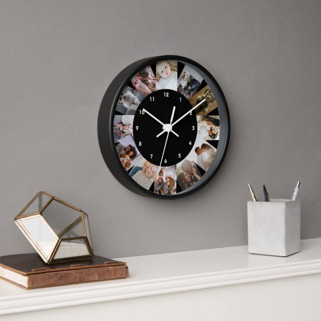 12 Photo Collage Personalised Black White Clock (Office)