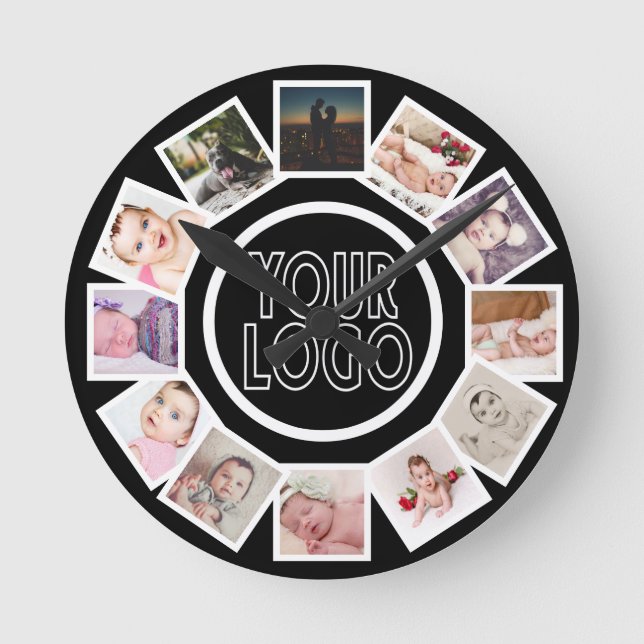 12 Photo Collage Personalised Black White  Round Clock (Front)