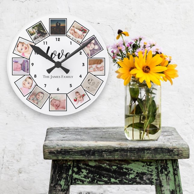 12 Photo Collage Personalised Black White  Round Clock (Creator Uploaded)