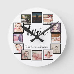 12 Photo Collage Personalised Black White Round Clock