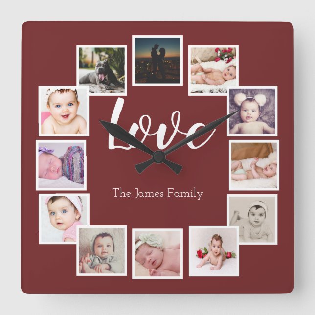 12 Photo Collage Personalised Burgundy Square Wall Clock (Front)