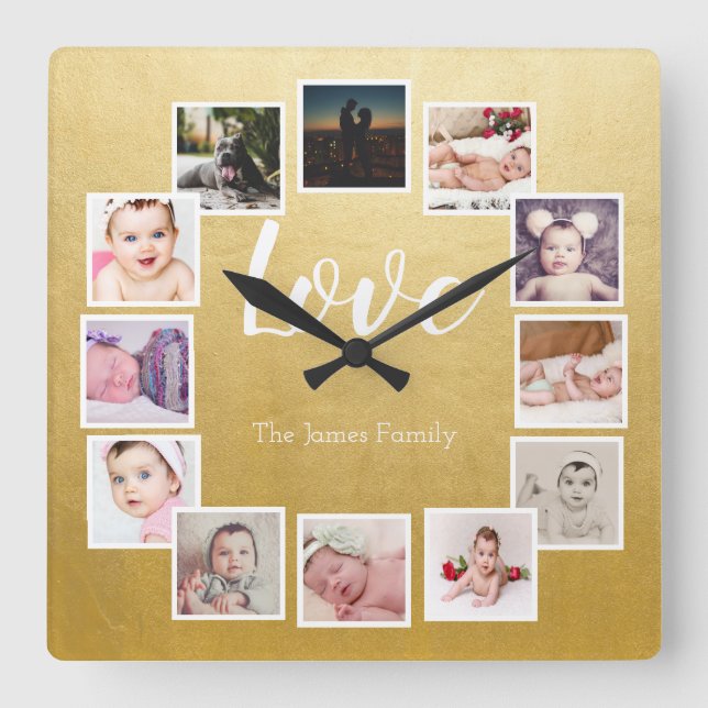 12 Photo Collage Personalised Gold Square Wall Clock (Front)