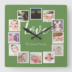 12 Photo Collage Personalised Green Square Wall Clock