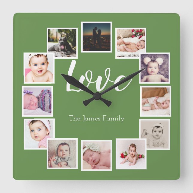 12 Photo Collage Personalised Green Square Wall Clock (Front)