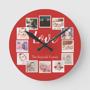 12 Photo Collage Personalised Red Round Clock