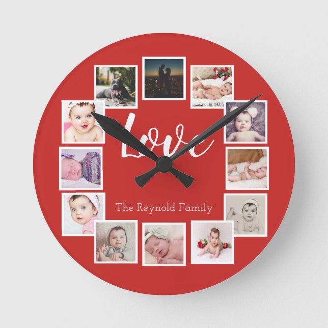 12 Photo Collage Personalised Red Round Clock (Front)
