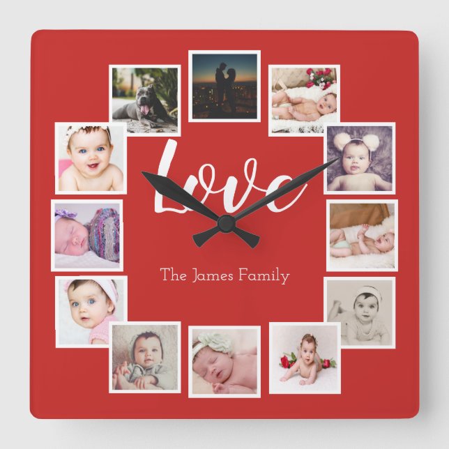 12 Photo Collage Personalised Red Square Wall Clock (Front)