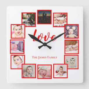 12 Photo Collage Personalised Red Square Wall Clock