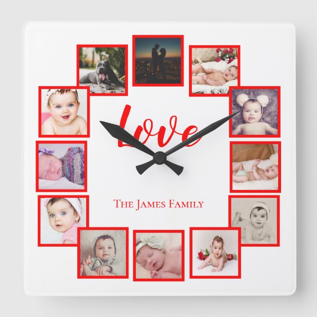 12 Photo Collage Personalised Red Square Wall Clock (Front)