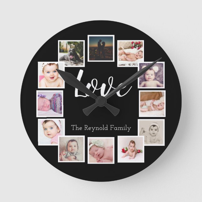 12 Photo Collage Personalised Round Clock (Front)
