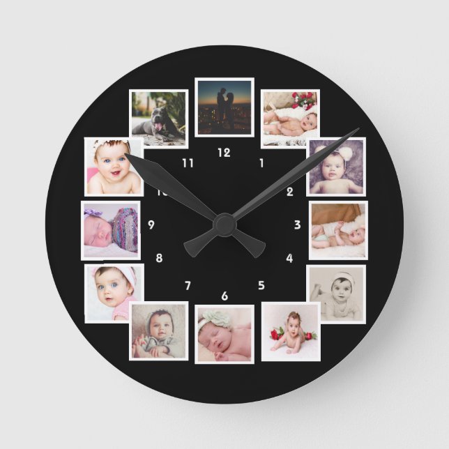 12 Photo Collage Personalised Round Clock (Front)