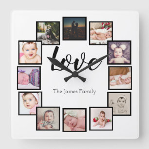 12 Photo Collage Personalised White Square Wall Clock