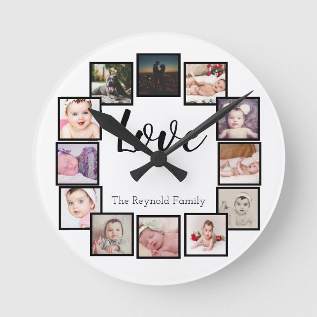 12 Photo Collage Personalized Black White Round Clock (Front)