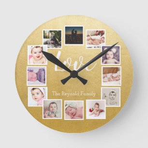 12 Photo Collage Personalized Gold Round Clock