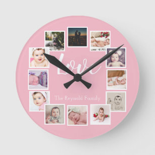12 Photo Collage Personalized Pink Round Clock
