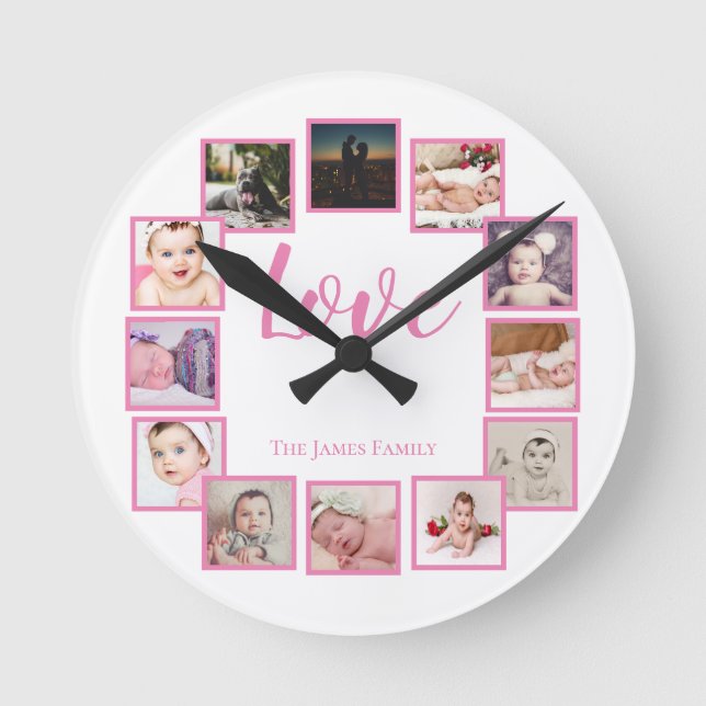 12 Photo Collage Personalized Pink White Round Clock (Front)