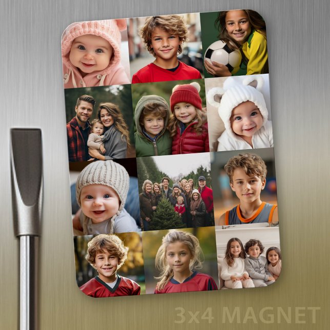 12 Photo Collage - Photos Only Square Cropped Magnet (Personalized refrigerator magnet with photo collage and custom text - add 12 photos to this design)