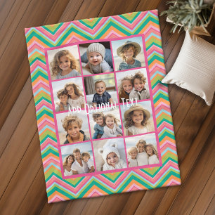 12 Photo Collage - Pink Colourful Chevron Pattern Fleece Blanket