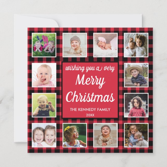 12 Photo Collage Red Buffalo Plaid Merry Christmas Holiday Card (Front)