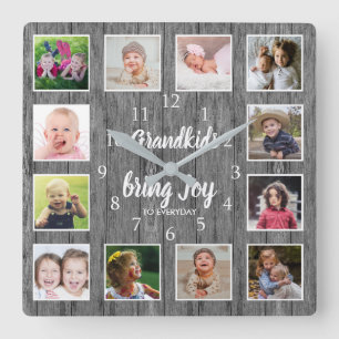 12 Photo Collage Rustic Grey Wood Grandkids Quote Square Wall Clock