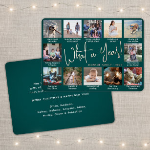 12 Photo Collage Teal What a Year! Modern Script Foil Holiday Card
