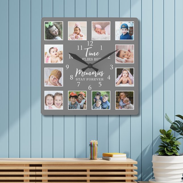 12 Photo Collage Time Flies Memories Stay Grey Square Wall Clock (Creator Uploaded)
