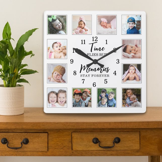 12 Photo Collage Time Flies Memories Stay Quote   Square Wall Clock (Creator Uploaded)