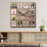 12 Photo Collage Time Spent With Family Quote Wood Square Wall Clock<br><div class="desc">Rustic wood photo clock with the inspiring family quote "Time spent with family is worth every second”. Personalise with 12 of your favourite family pictures.</div>