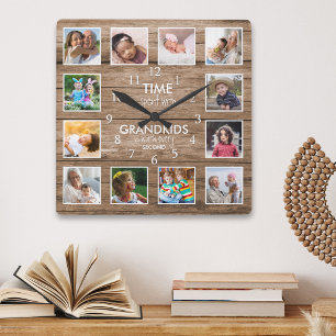 12 Photo Collage Time Spent With Grandkids Quote   Square Wall Clock