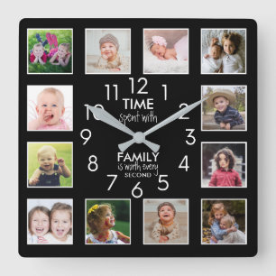 12 Photo Collage Time With Family Quote Black Square Wall Clock