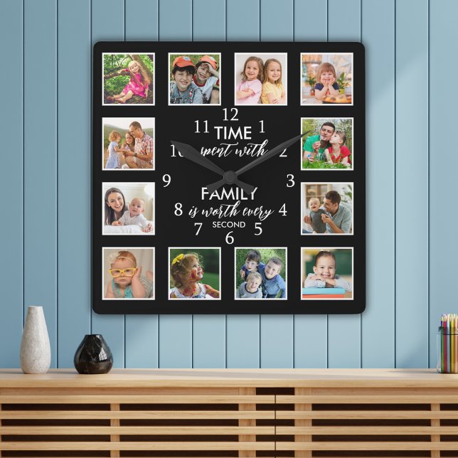12 Photo Collage Time With Family Quote Black   Square Wall Clock (Creator Uploaded)