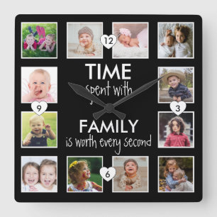 12 Photo Collage Time With Family Quote Black   Square Wall Clock