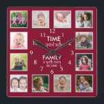 12 Photo Collage Time With Family Quote Burgundy Square Wall Clock<br><div class="desc">Custom photo clock with the inspiring family quote "Time spent with family is worth every second”. Personalize with 12 of your favorite family photos.</div>