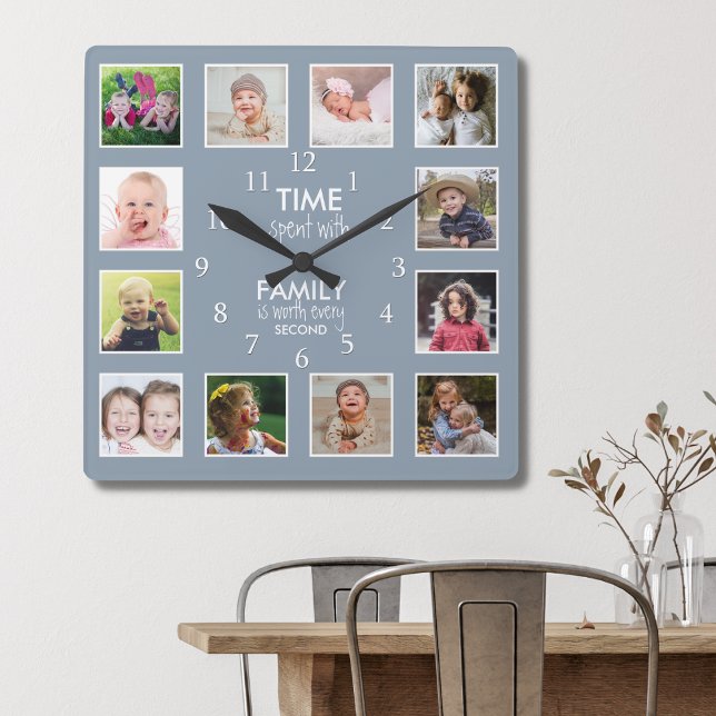 12 Photo Collage Time With Family Quote Dusty Blue Square Wall Clock (Creator Uploaded)
