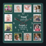 12 Photo Collage Time With Family Quote Green Square Wall Clock<br><div class="desc">Custom photo clock in emerald green with the inspiring family quote "Time spent with family is worth every second”. Personalise with 12 of your favourite family photos.</div>