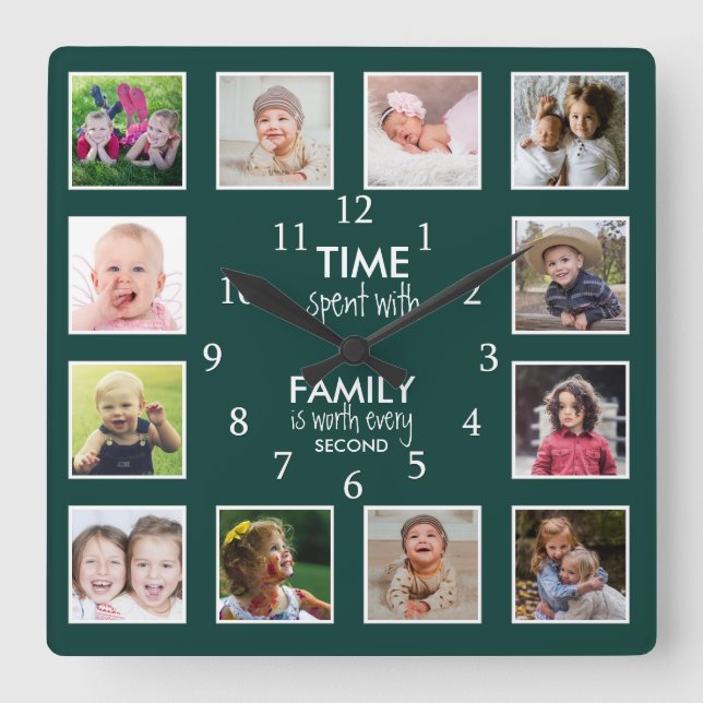 12 Photo Collage Time With Family Quote Green Square Wall Clock (Front)