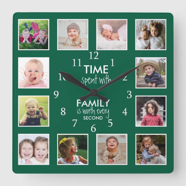 12 Photo Collage Time With Family Quote Green Square Wall Clock (Front)