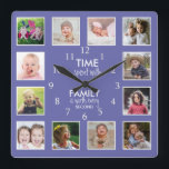 12 Photo Collage Time With Family Quote Periwinkle Square Wall Clock<br><div class="desc">Custom photo clock with the inspiring family quote "Time spent with family is worth every second”. Personalise with 12 of your favourite family photos.</div>